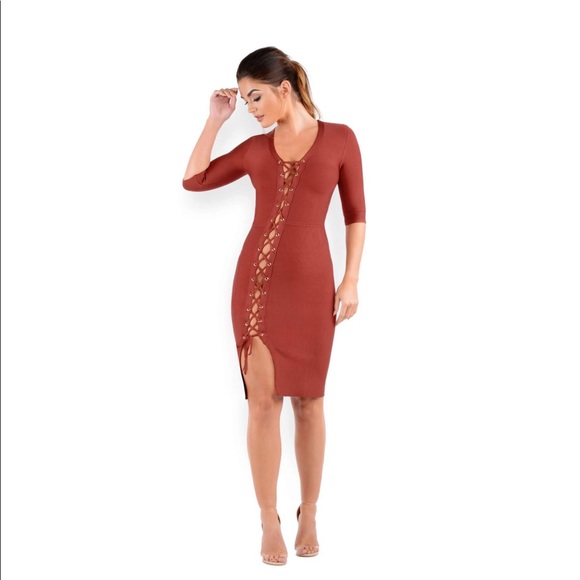 Oh Polly Dresses & Skirts - CROSS IT OFF BANDAGE DRESS IN DUSTY CEDAR SZ S